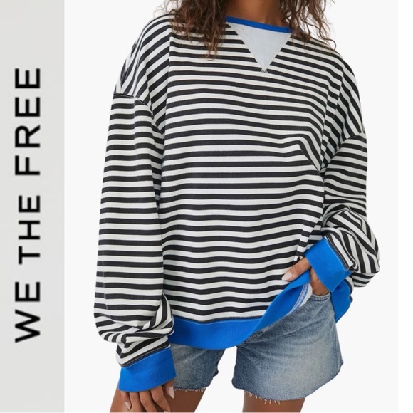 Free People Tops - FREE PEOPLE WE THE FREE OVERSIZED STRIPE SWEATSHIRT BLUE CONTRAST CREWNECK